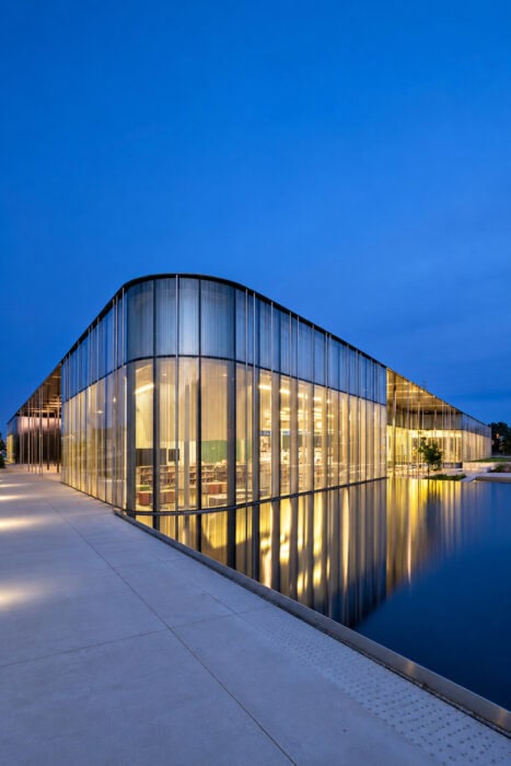 Modern Glass Library At Blue Hour