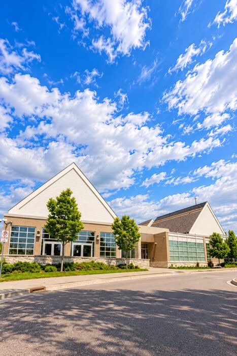 Modern Community Building Under Blue Skies