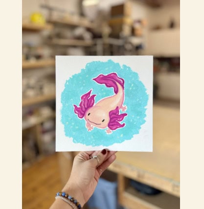 Oil Pastel Illustration Axolotl Splash